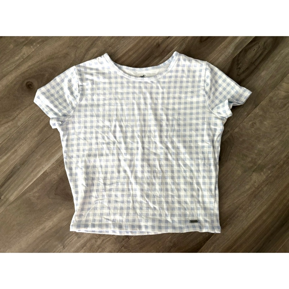 Hollister Y2K Gingham Baby Tee Womens Size M Blue White Check Cropped Fitted Top